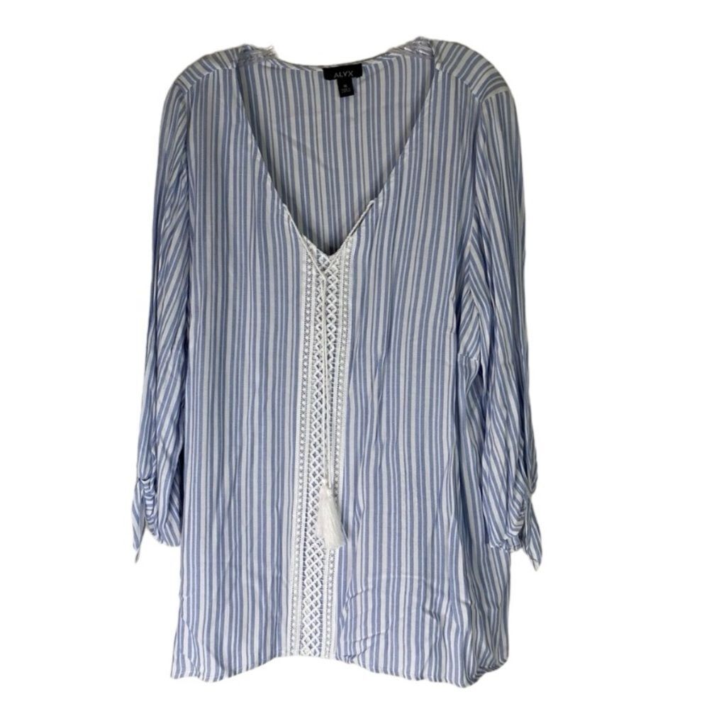 Alyx Tunic Women’s Blue‎ White Stripes Tassel Tie Embroidered V Neck Tie Sleeves